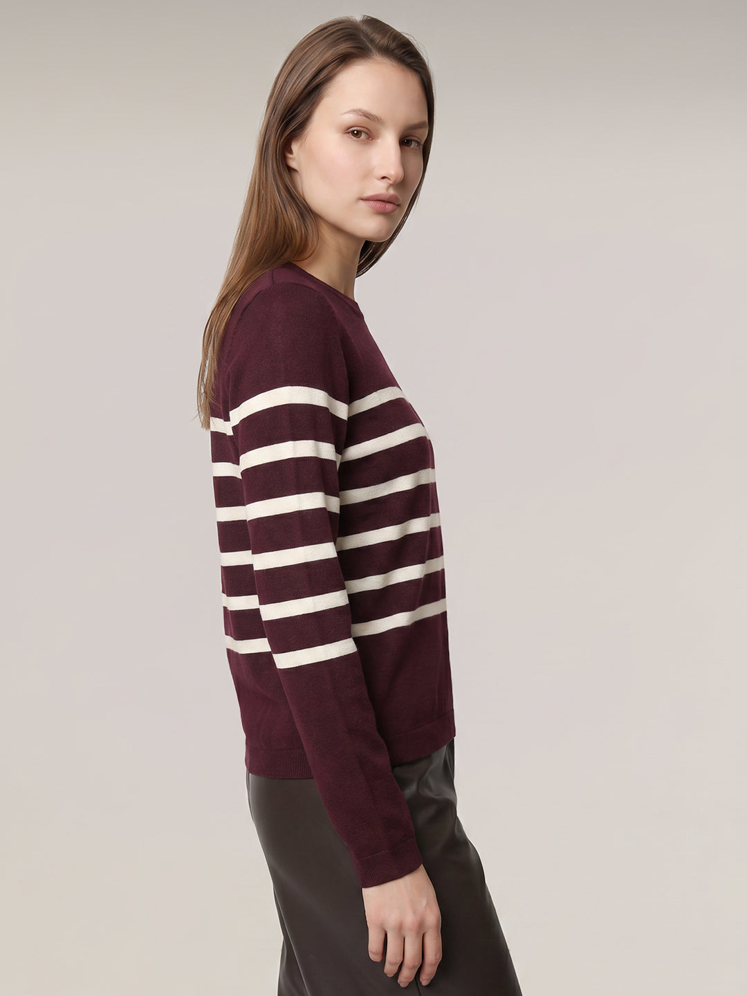 Burgundy Striped O-Neck Pullover