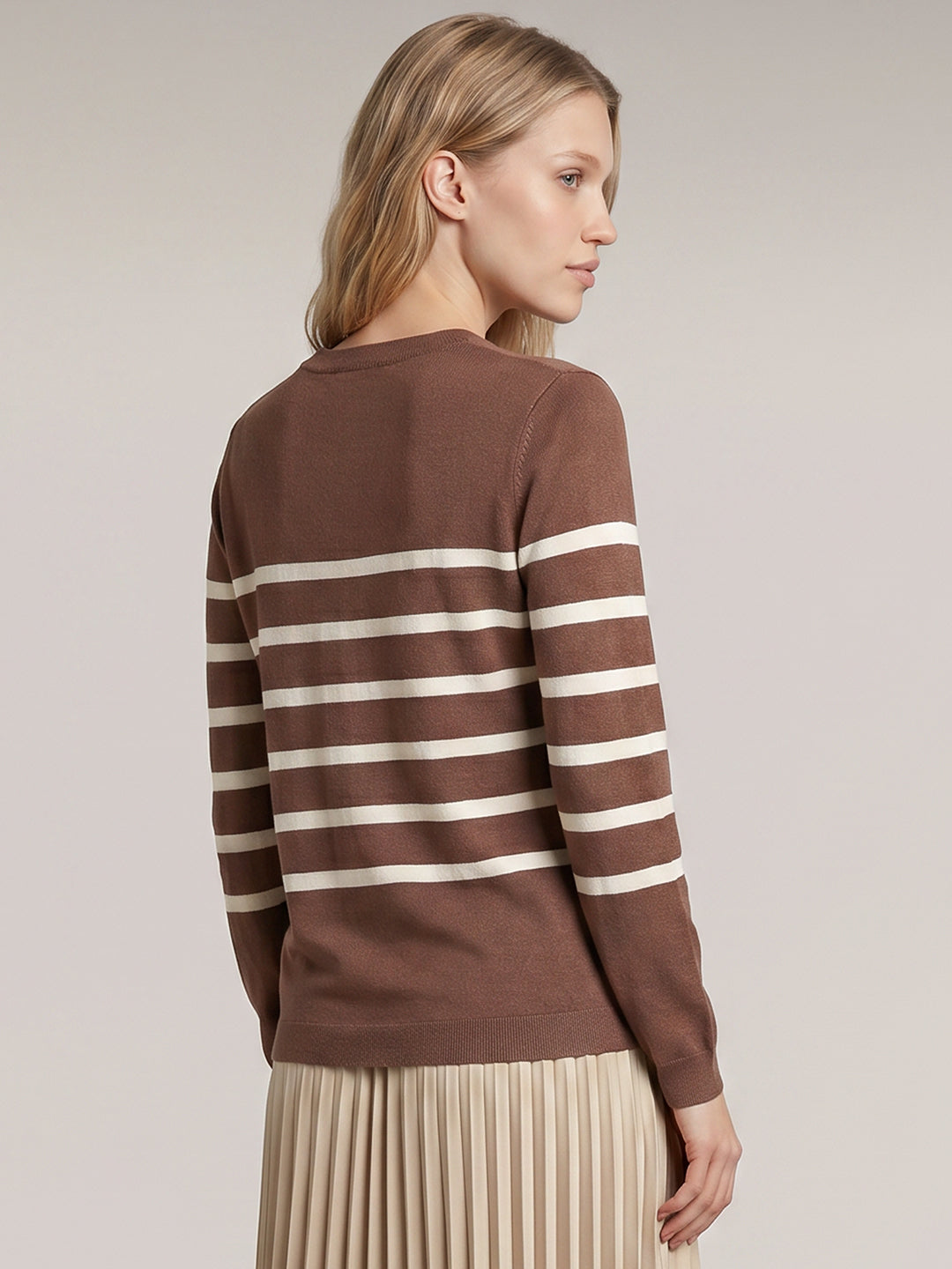 Brown Striped O-Neck Pullover