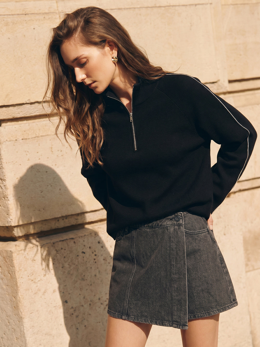 Black High Neck Zipper Pullover