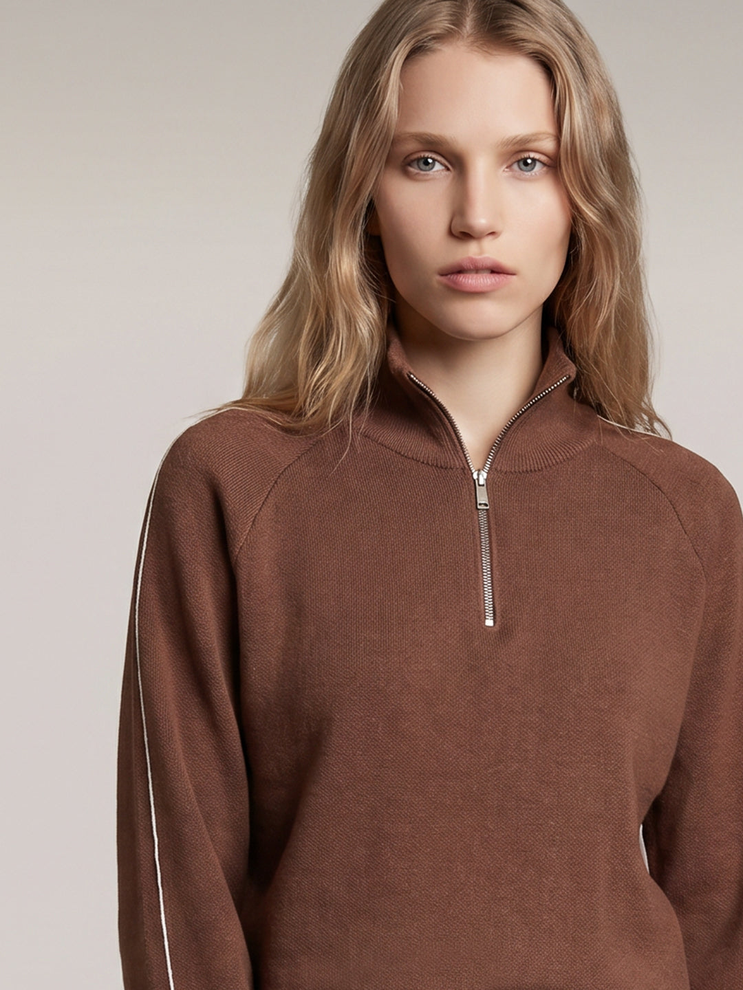 Brown High Neck Zipper Pullover