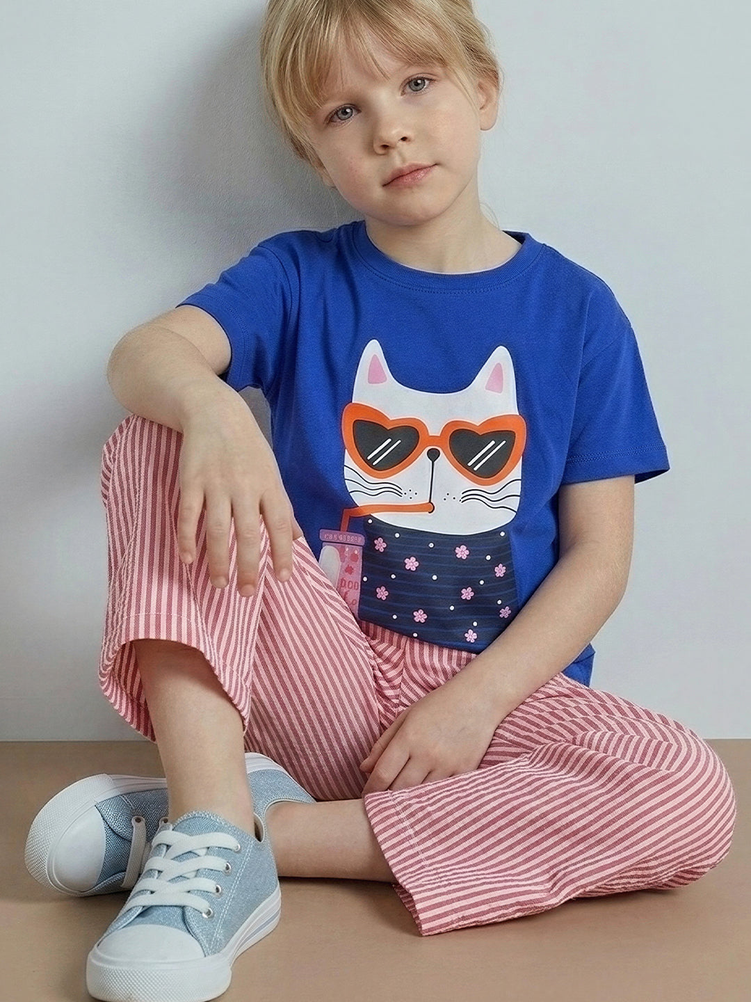 GIRLS Blue Printed Cotton T-shirt
