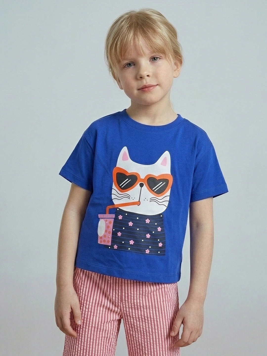 GIRLS Blue Printed Cotton T-shirt