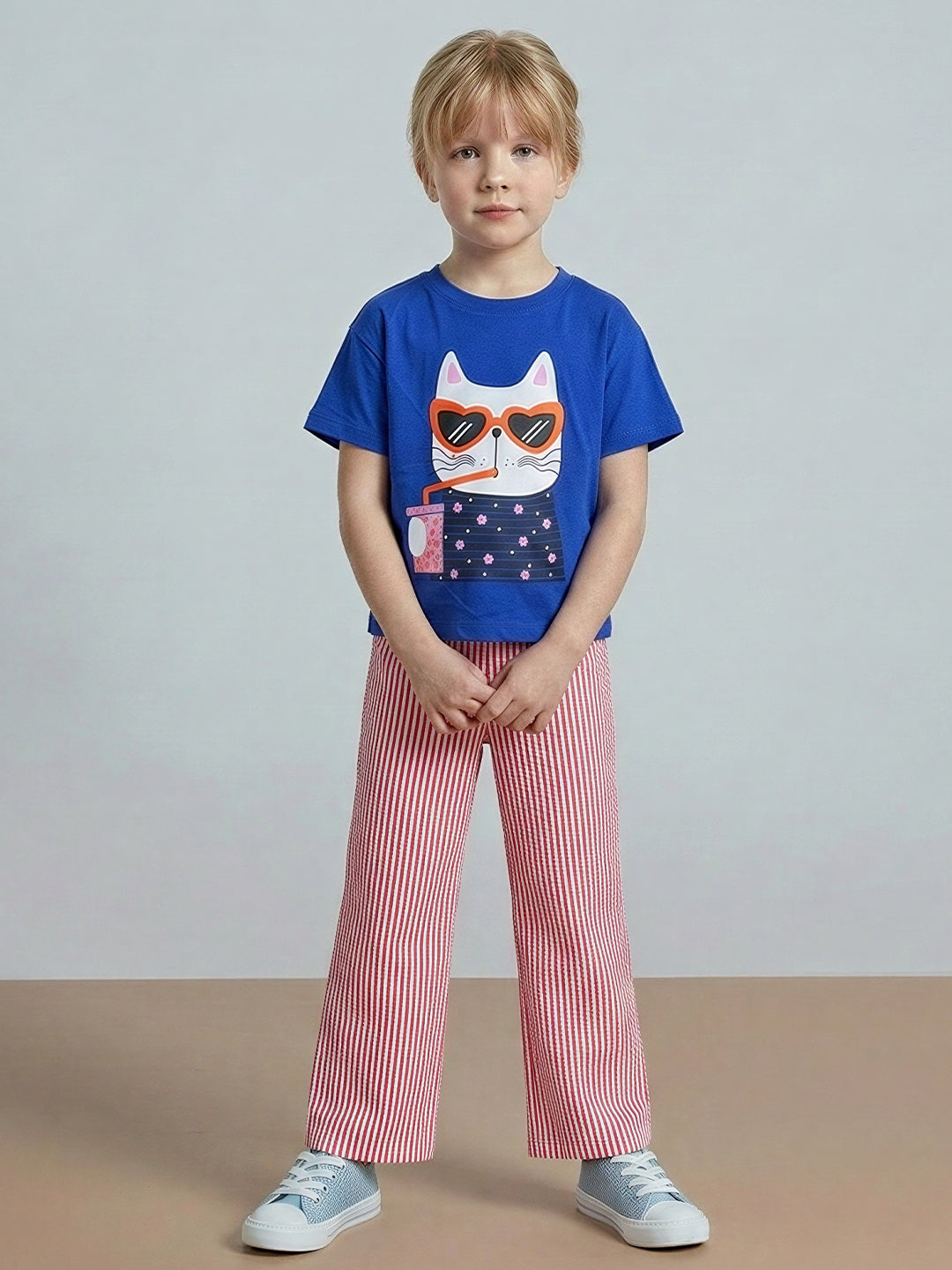 GIRLS Blue Printed Cotton T-shirt