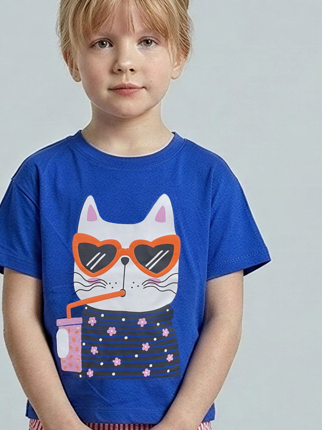 GIRLS Blue Printed Cotton T-shirt