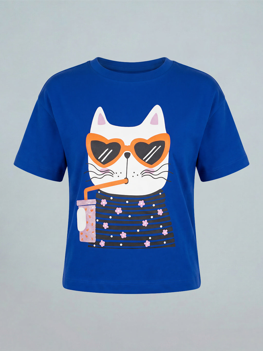 GIRLS Blue Printed Cotton T-shirt