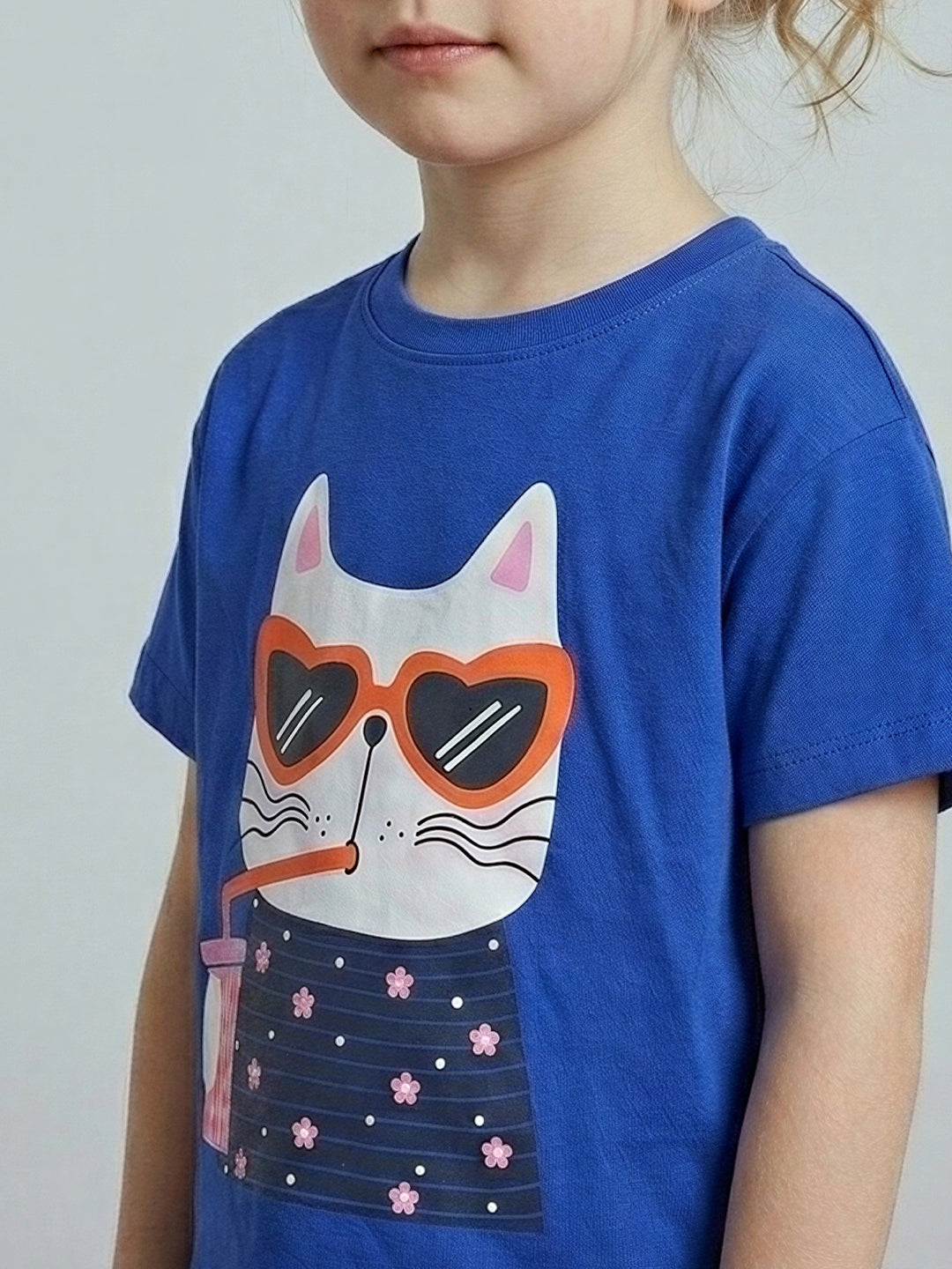 GIRLS Blue Printed Cotton T-shirt