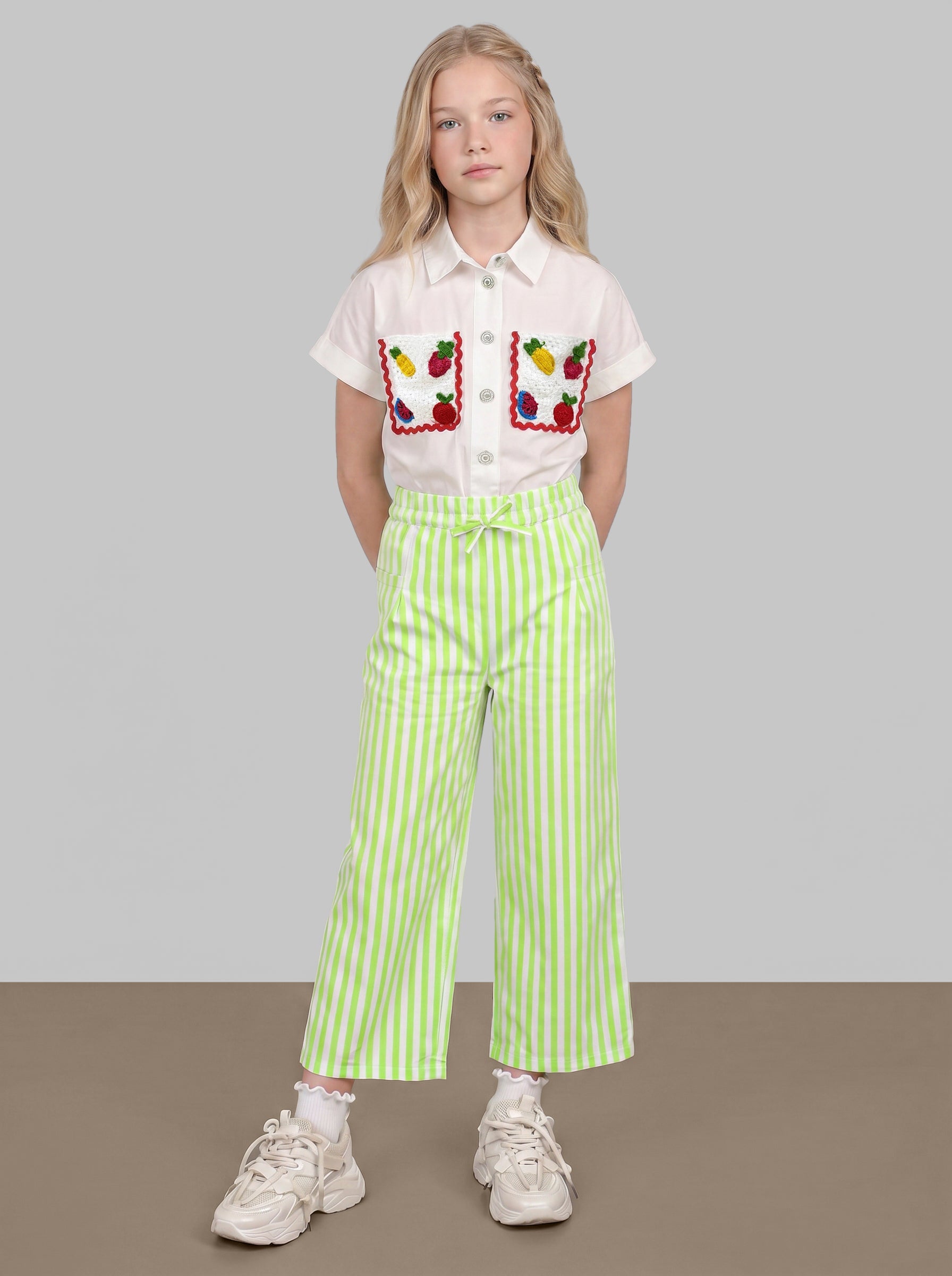 GIRLS Green Mid Rise Striped Pants
