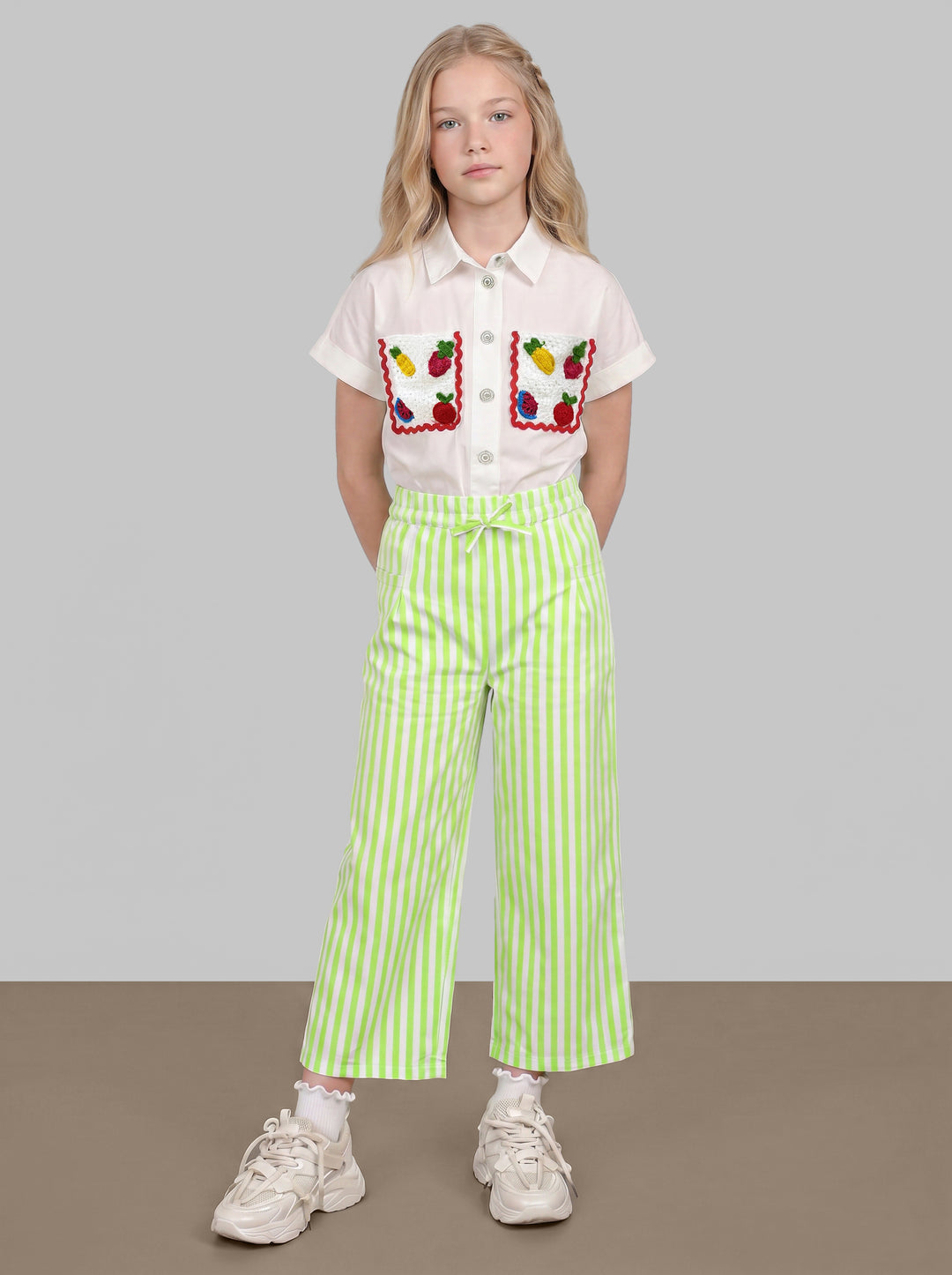 GIRLS Green Mid Rise Striped Pants