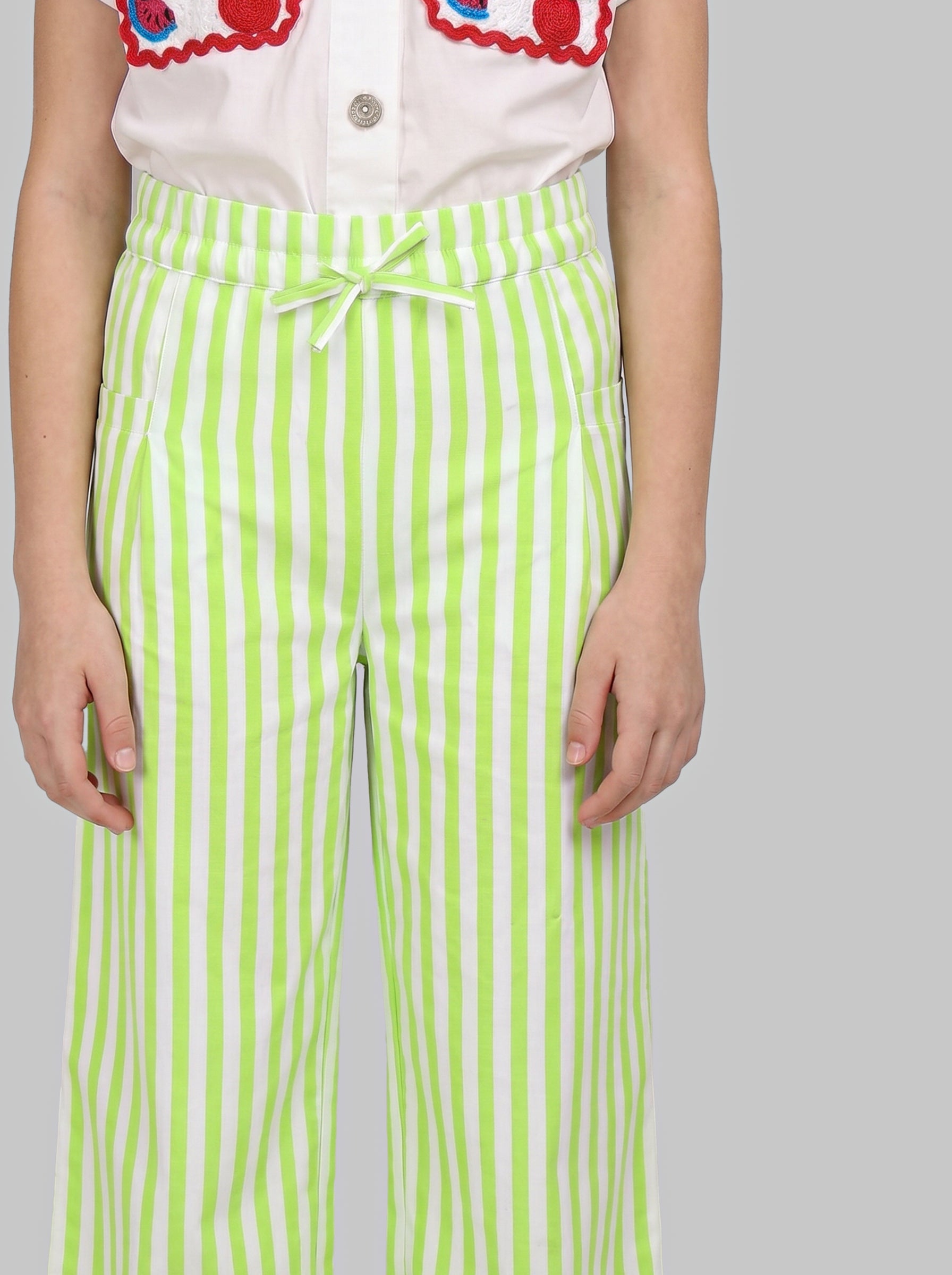 GIRLS Green Mid Rise Striped Pants
