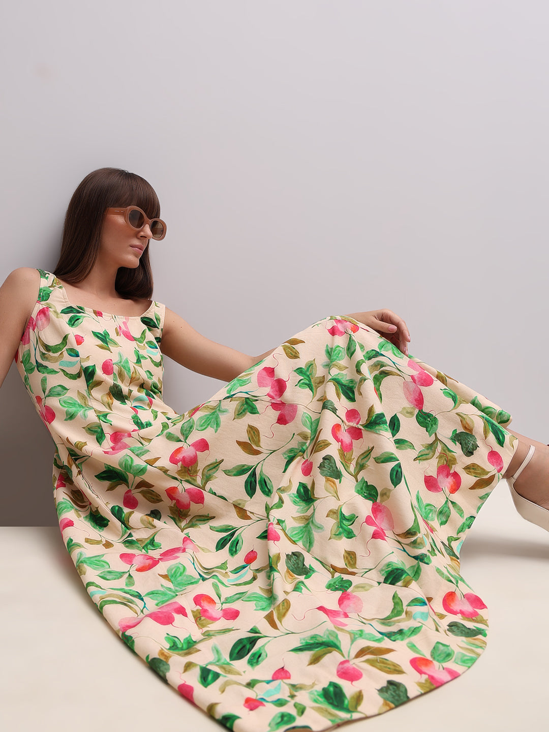 Beige Floral Print Midi Dress