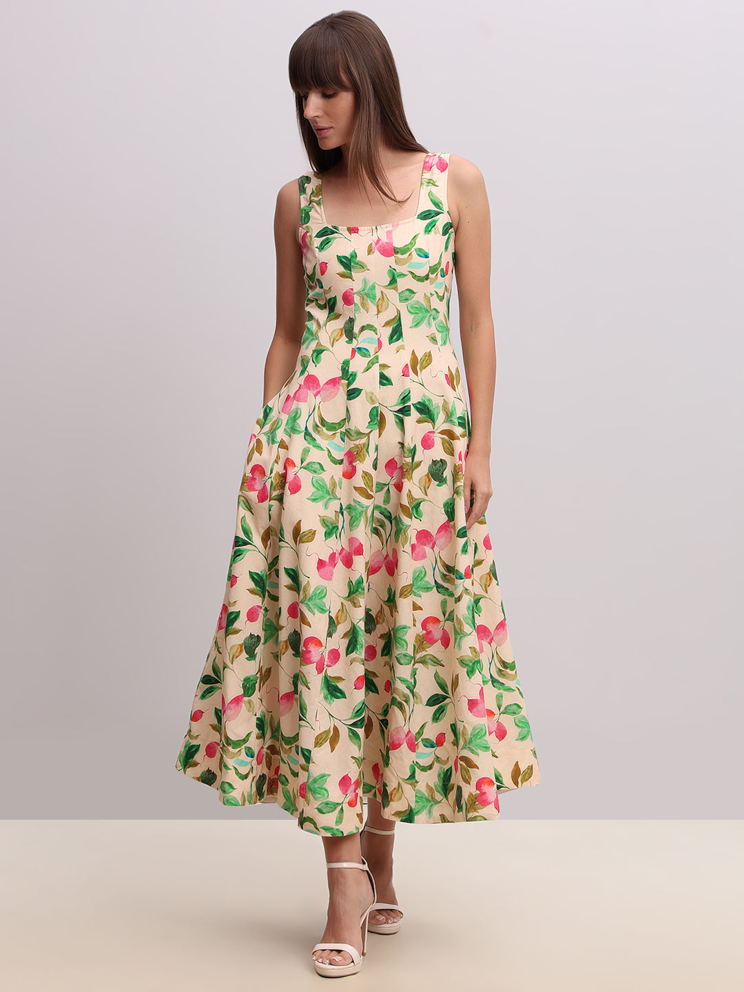 Beige Floral Print Midi Dress
