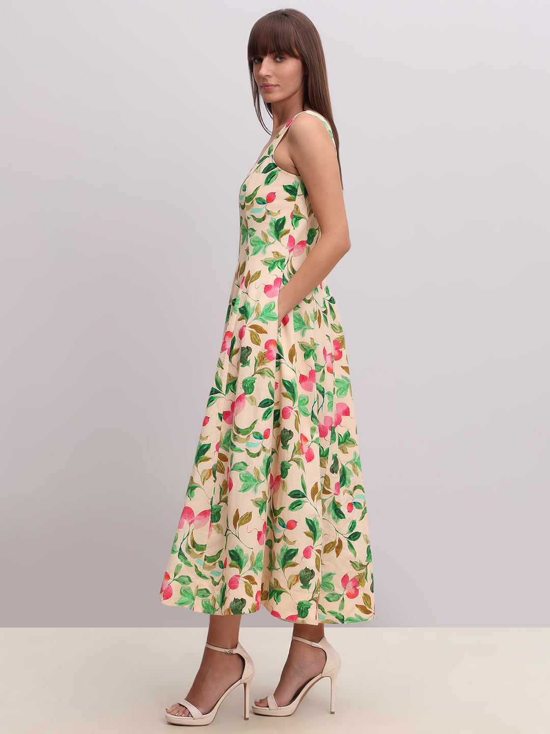 Beige Floral Print Midi Dress