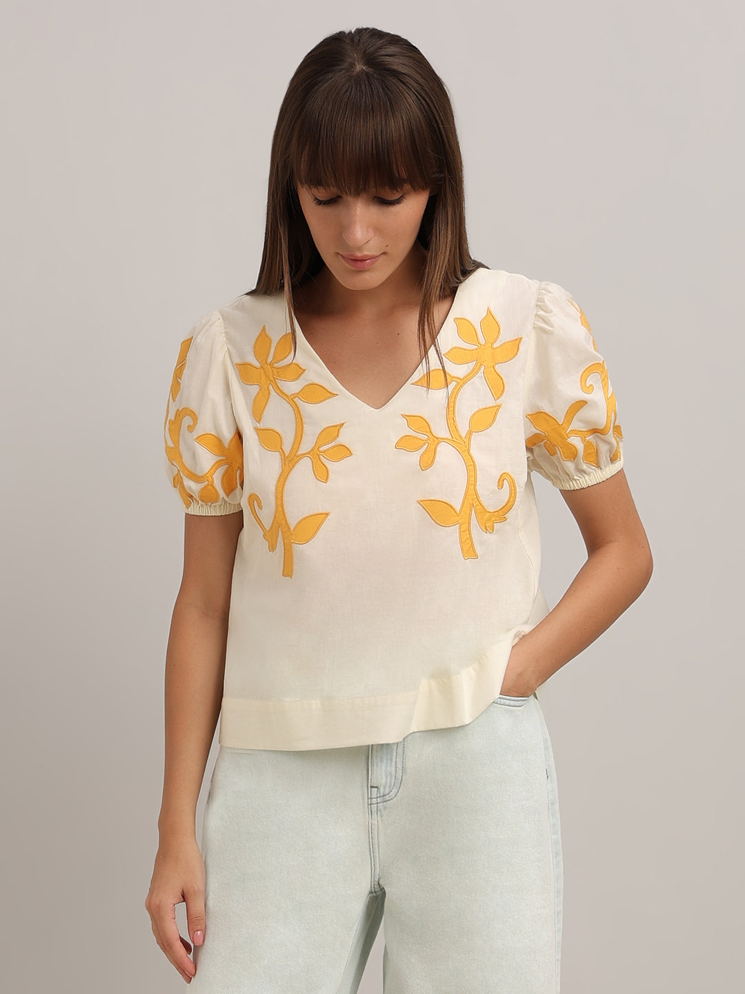 Off-White Printed Puff-Sleeves Top