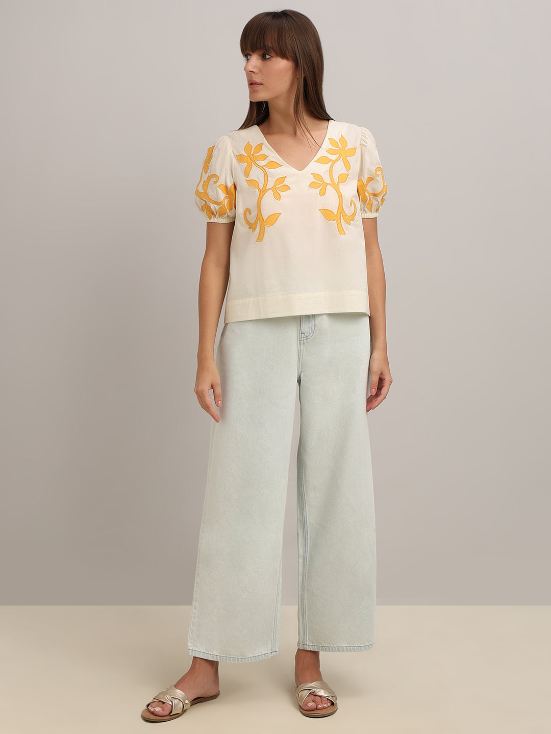 Off-White Printed Puff-Sleeves Top