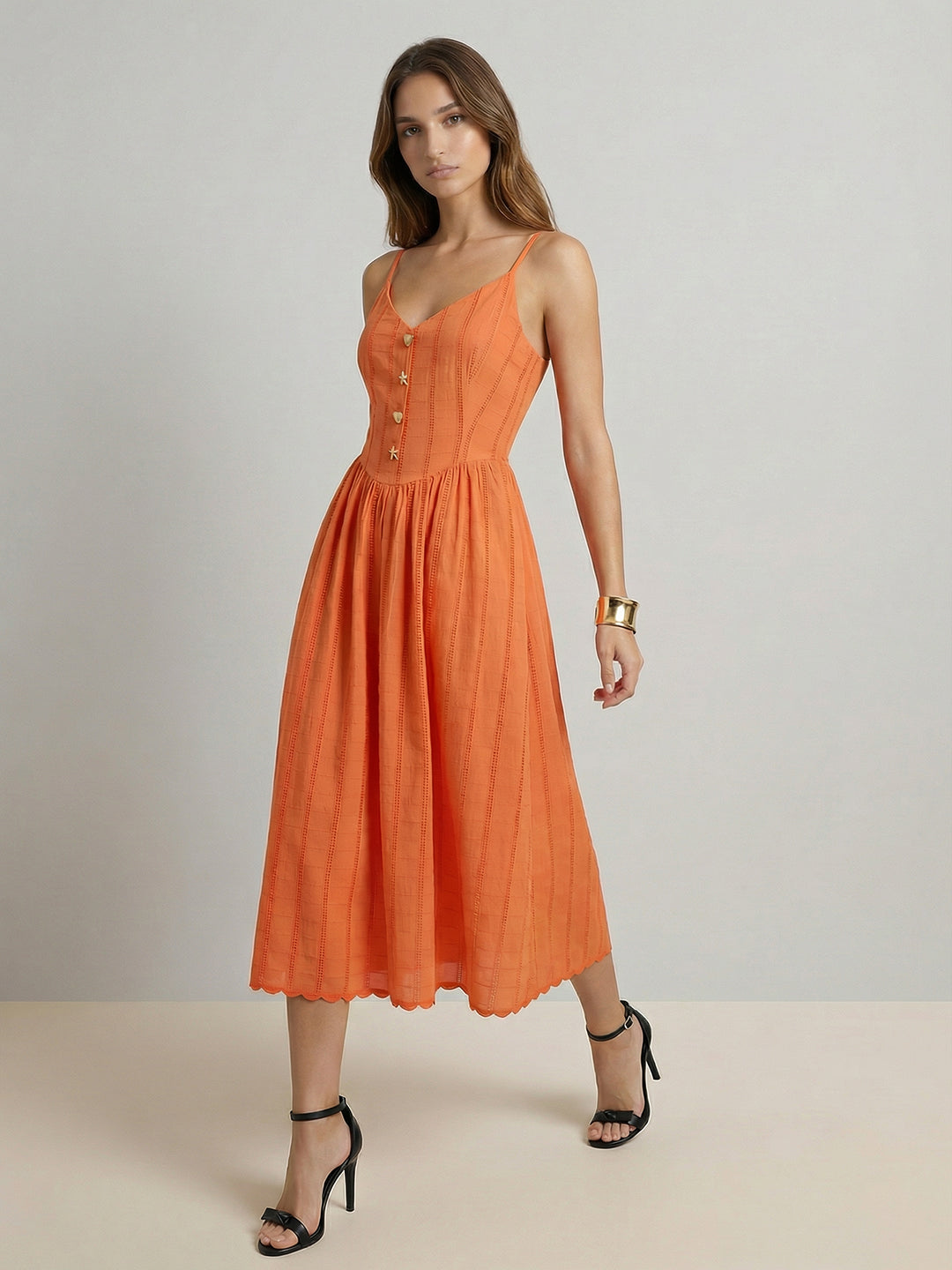 Orange Cotton Strappy Midi Dress