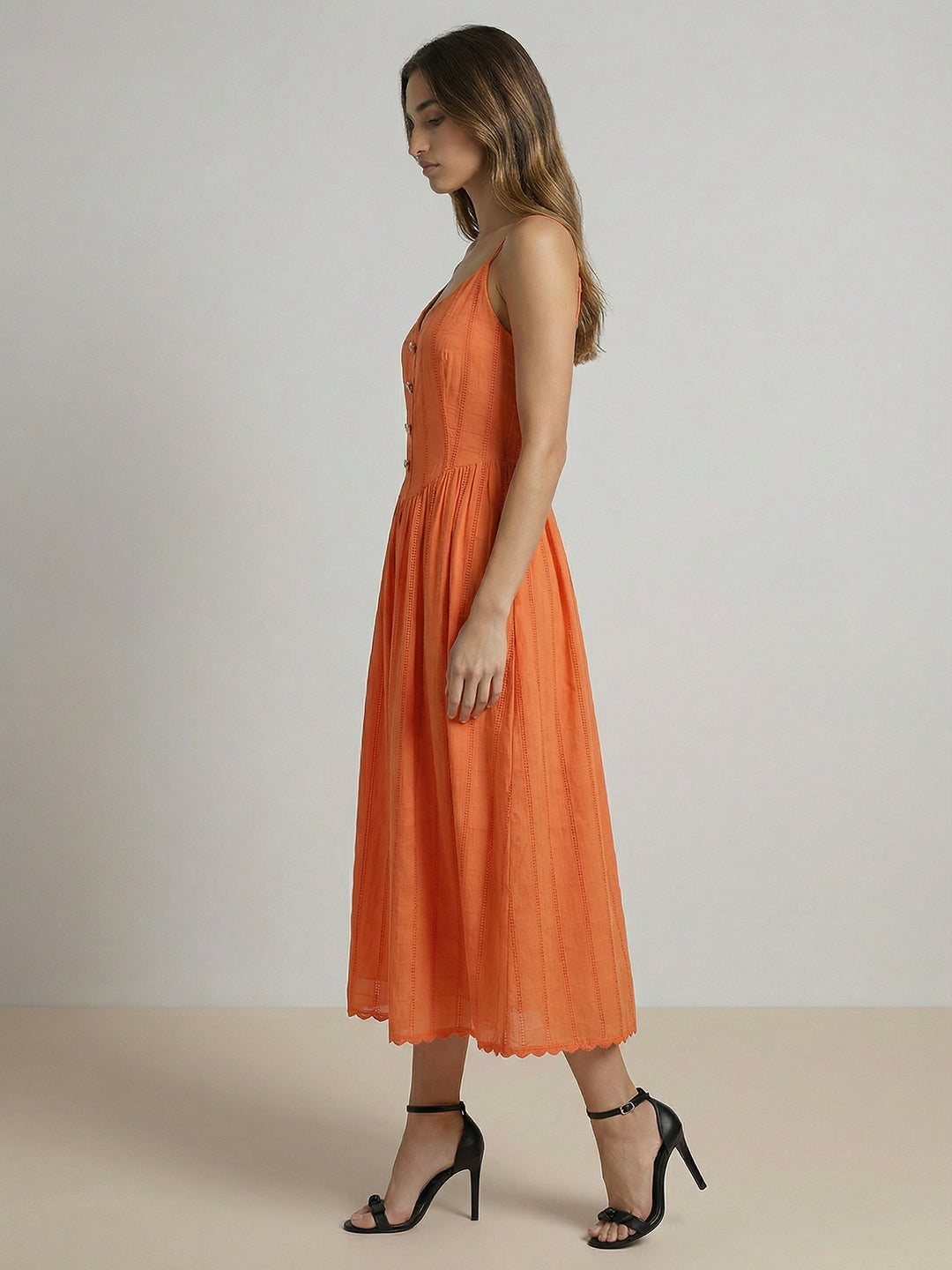 Orange Cotton Strappy Midi Dress