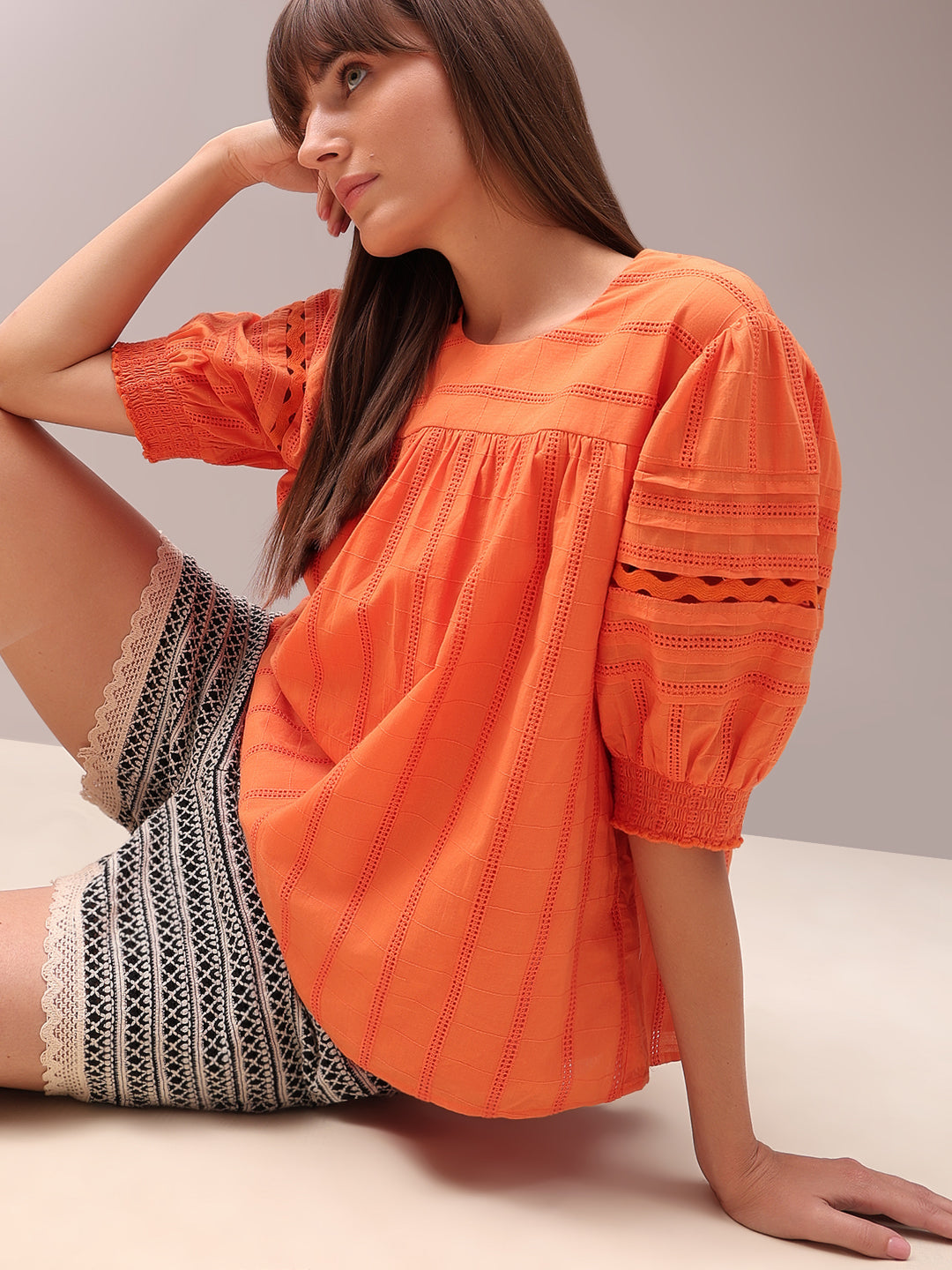 Orange Textured LACE Top