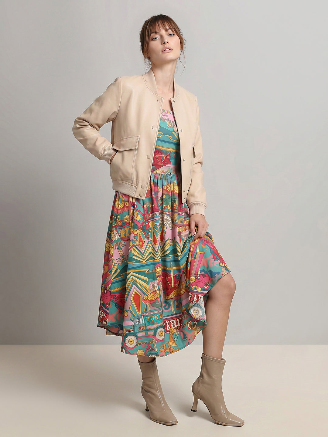 Multi-Colour Printed Flowy Midi Dress