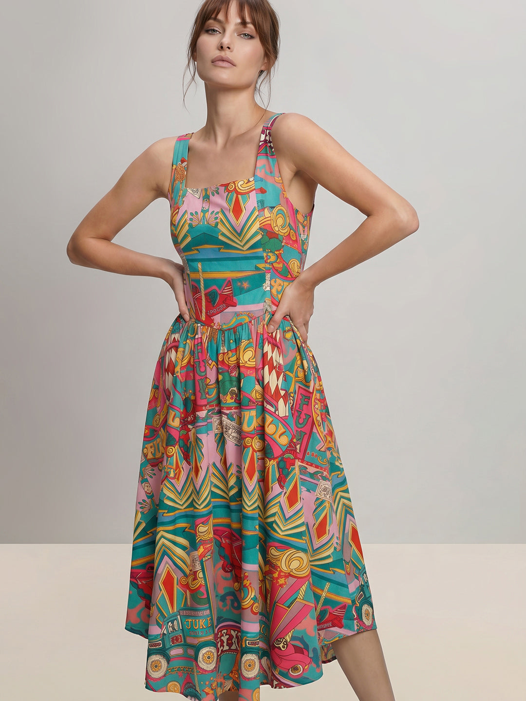 Multi-Colour Printed Flowy Midi Dress