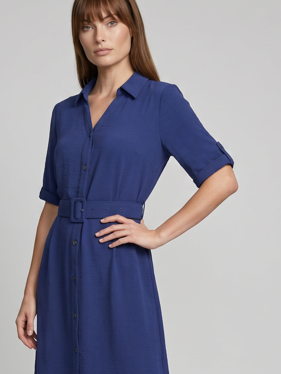 Dark Blue Belted Shirt Dress