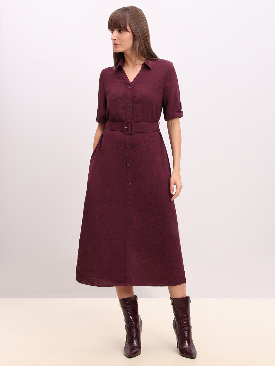 Burgundy Belted Shirt Dress