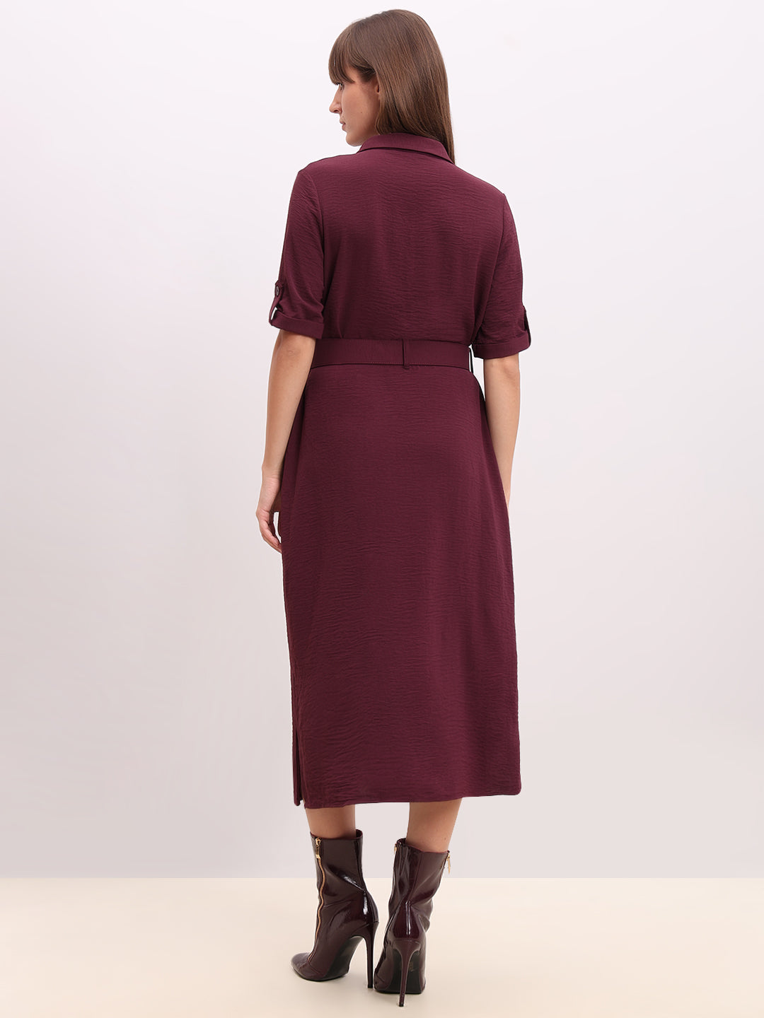Burgundy Belted Shirt Dress