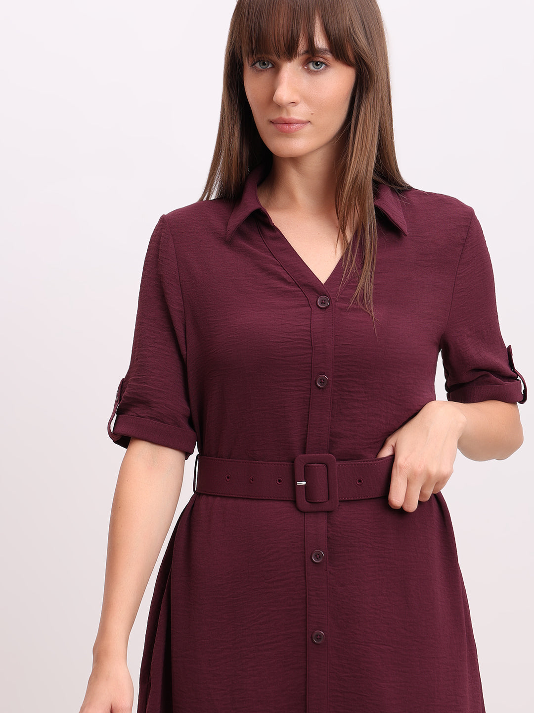 Burgundy Belted Shirt Dress