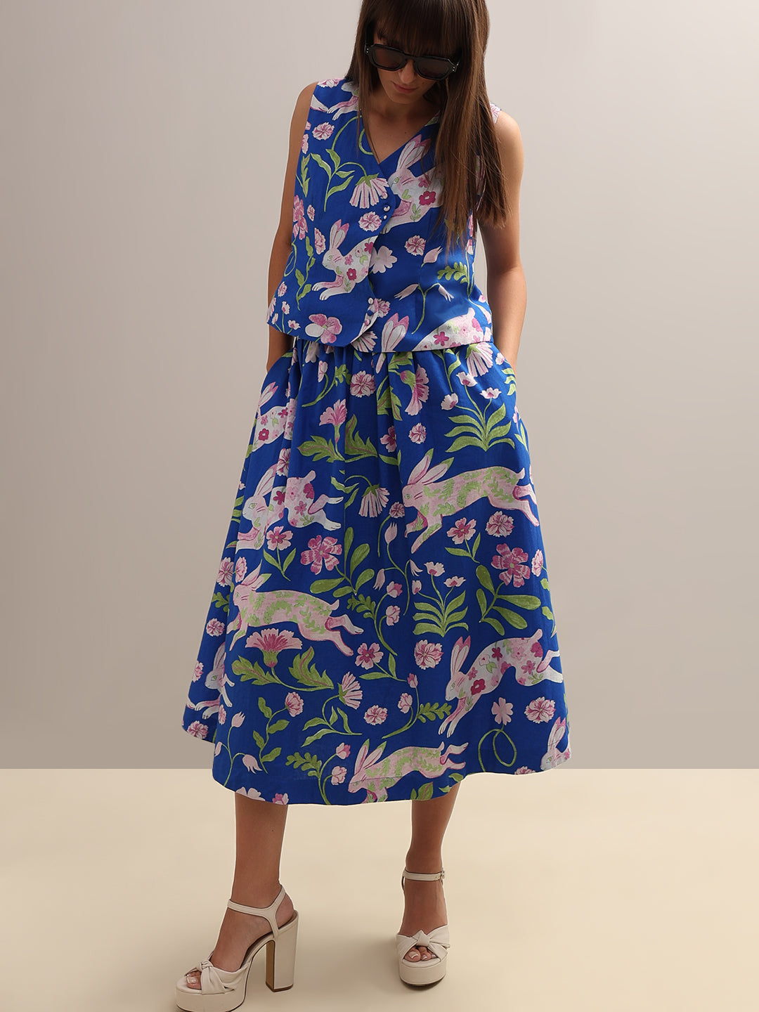 Blue Floral Flared Skirt