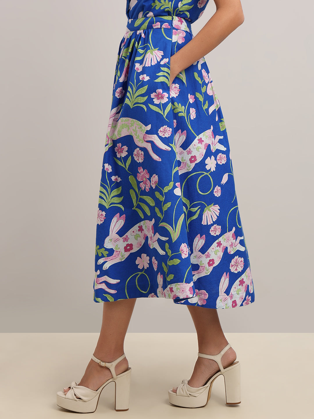 Blue Floral Flared Skirt