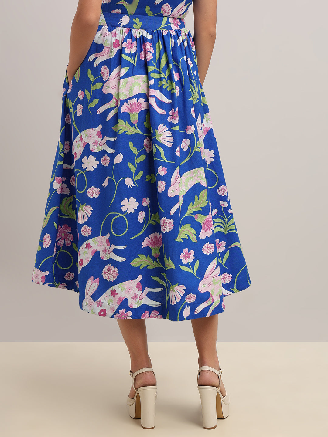 Blue Floral Flared Skirt