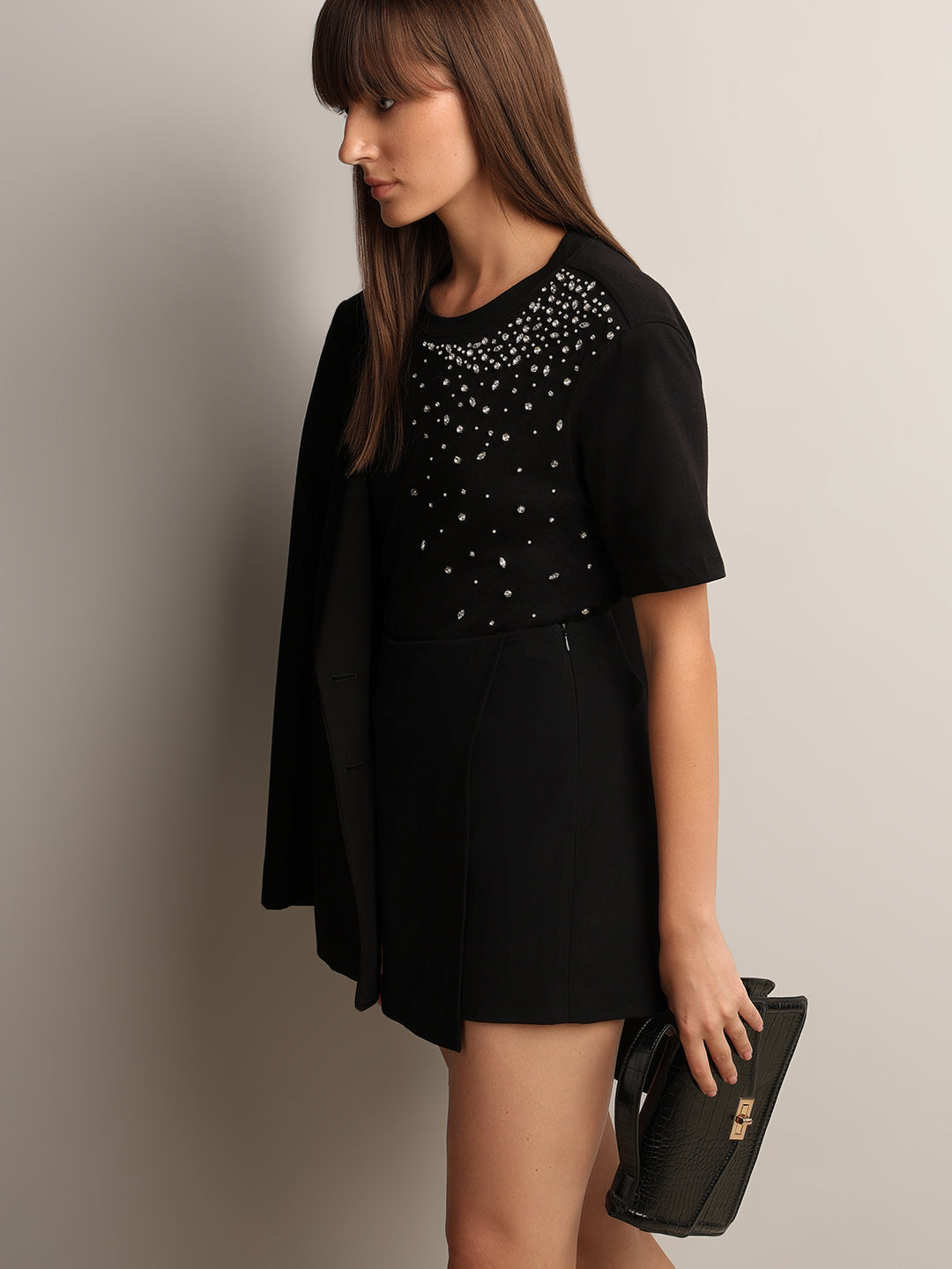 Black Embellished Cotton T-shirt