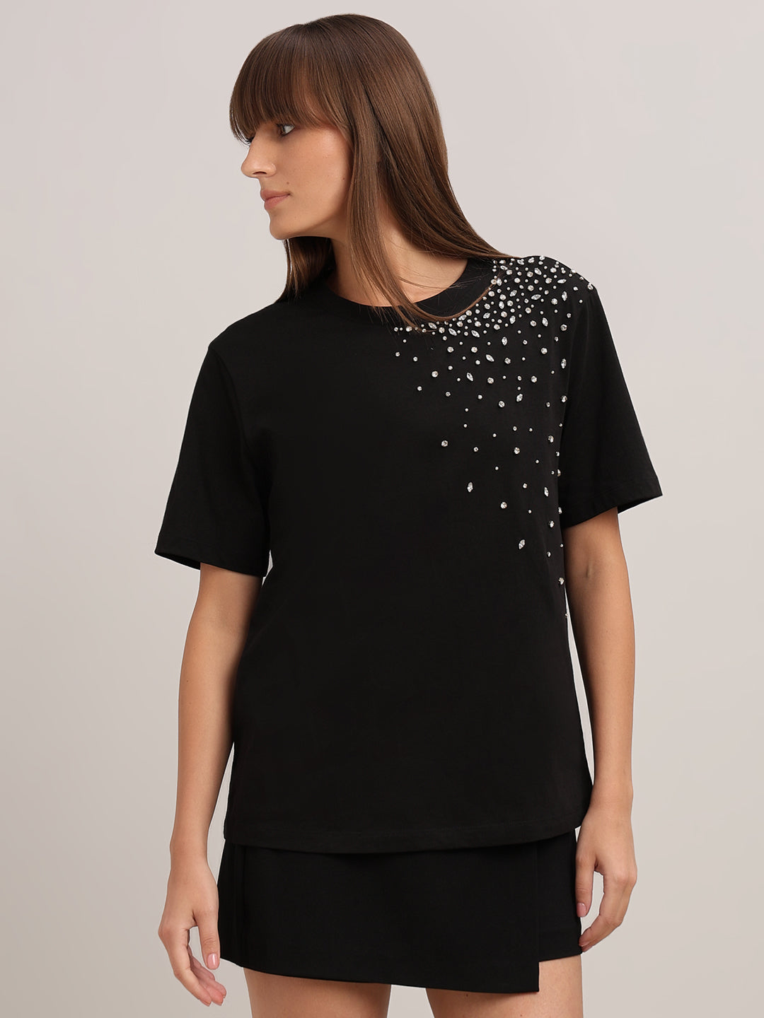 Black Embellished Cotton T-shirt