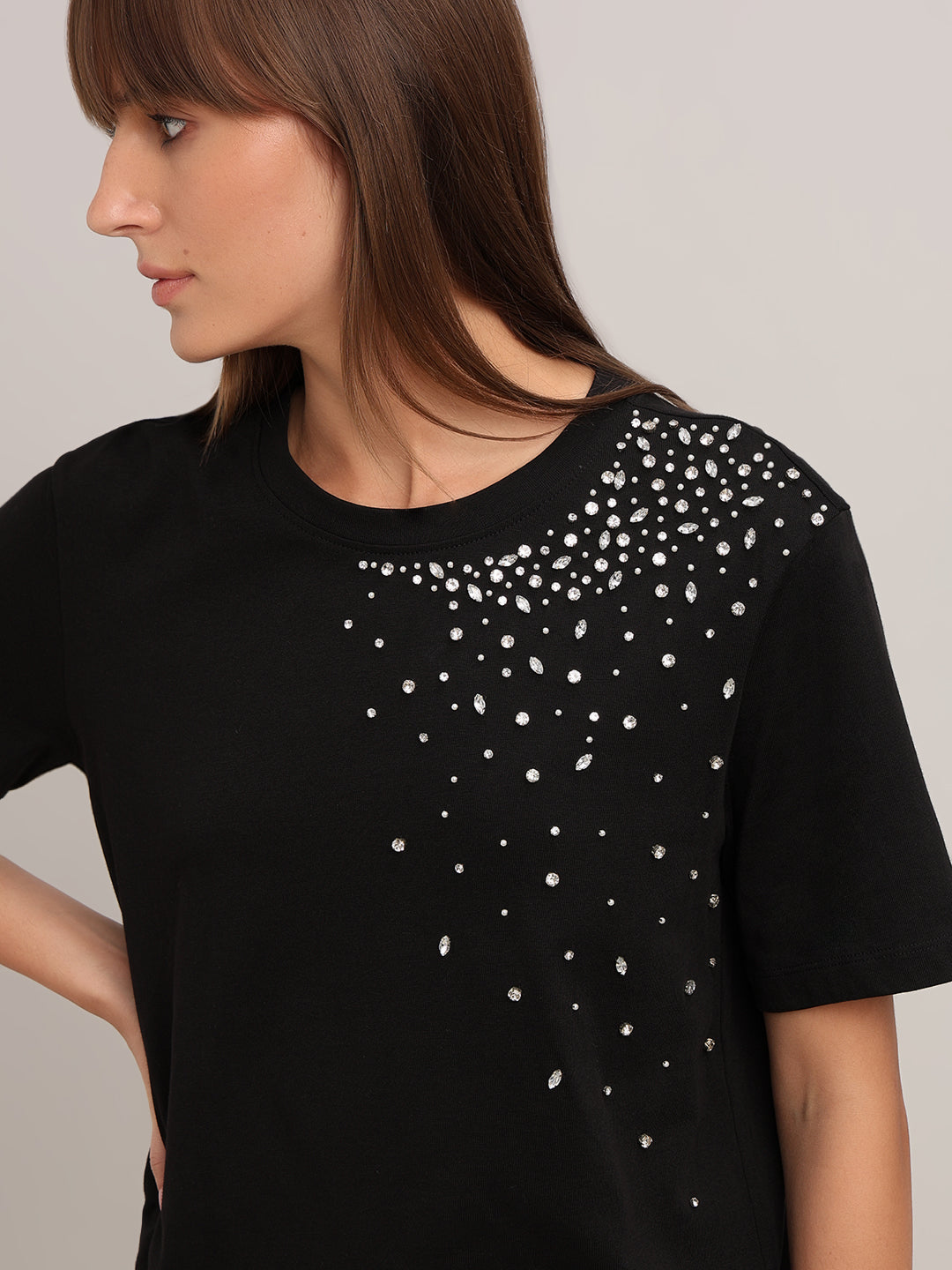 Black Embellished Cotton T-shirt