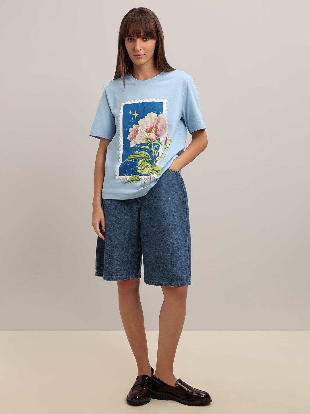 Blue Printed Cotton T-shirt