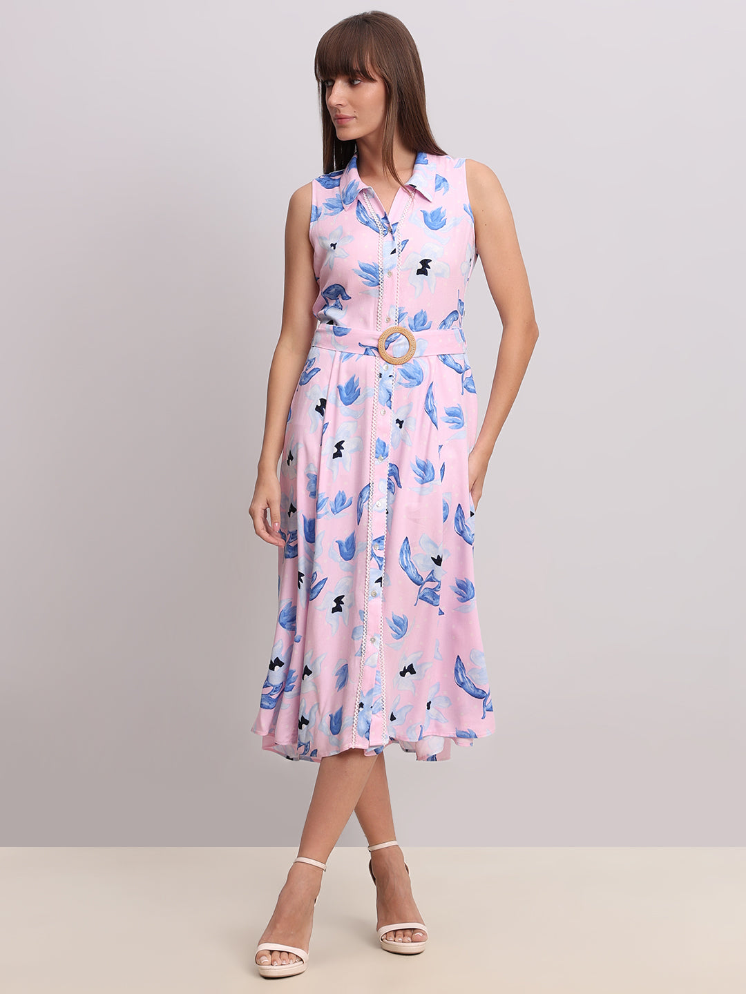 Floral Belted Sleeveless Midi Dress