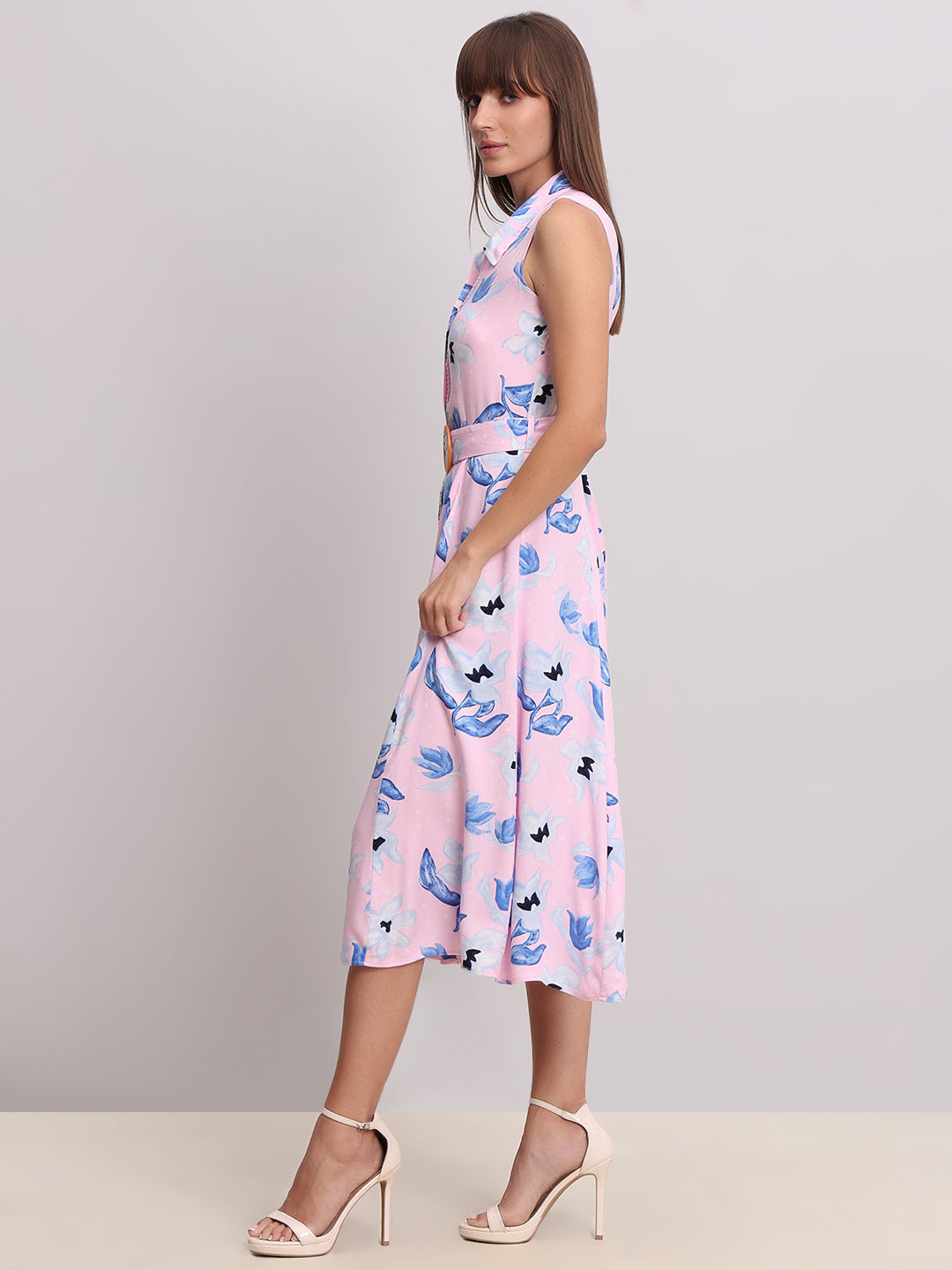 Floral Belted Sleeveless Midi Dress