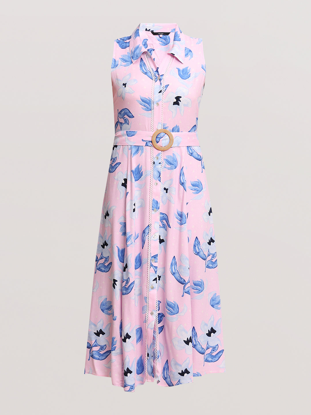 Floral Belted Sleeveless Midi Dress