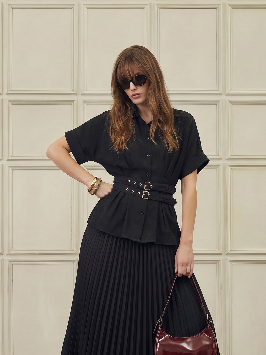 Black Cinched Waist Shirt