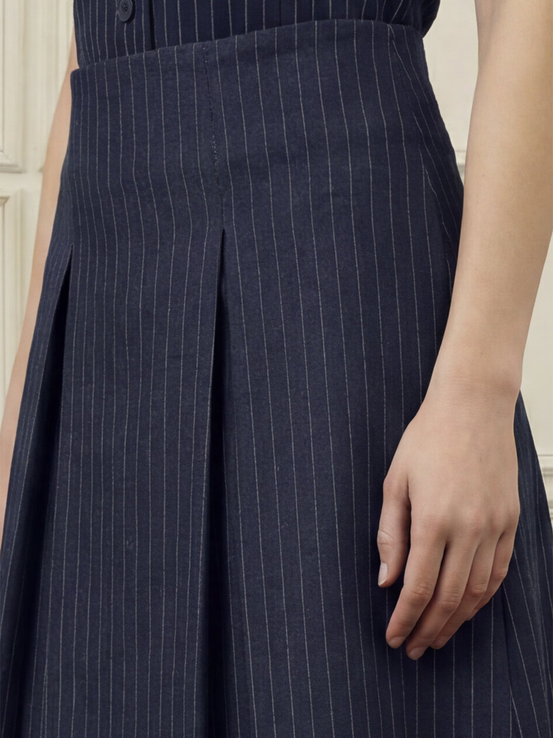 Navy Blue Pinstripe Pleated Mini Skirt