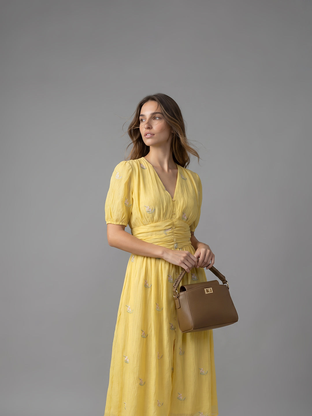 Yellow Embroidered Midi Dress