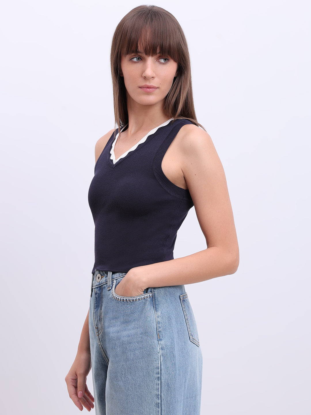 Navy Blue V-Neck Top