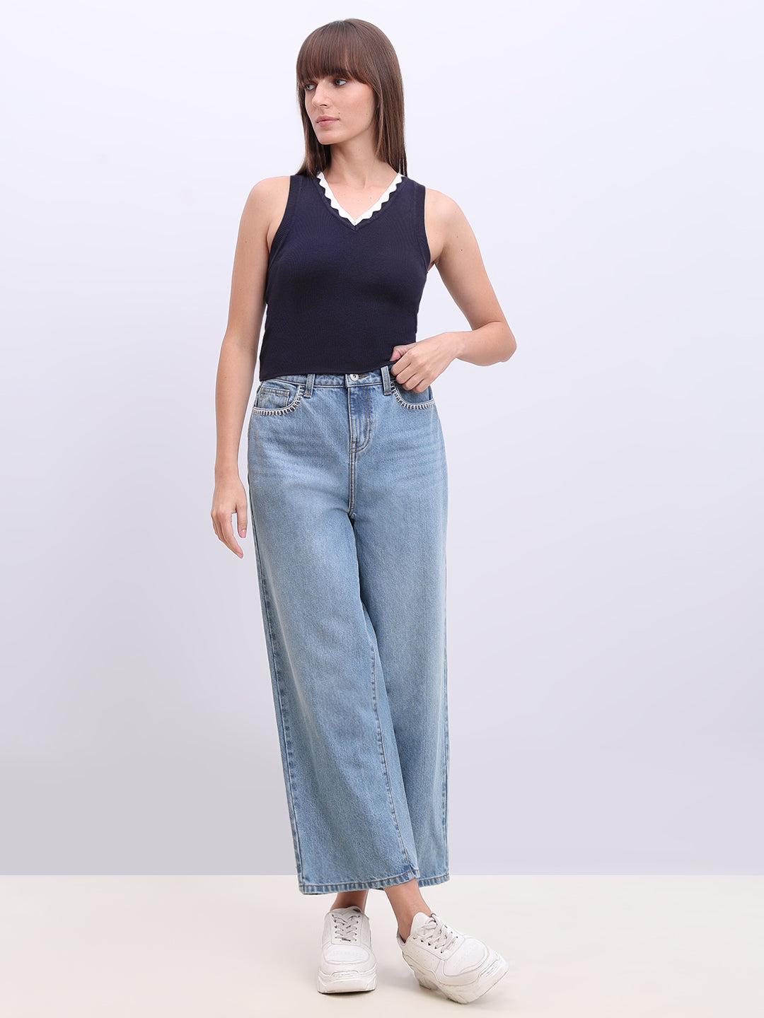 Navy Blue V-Neck Top