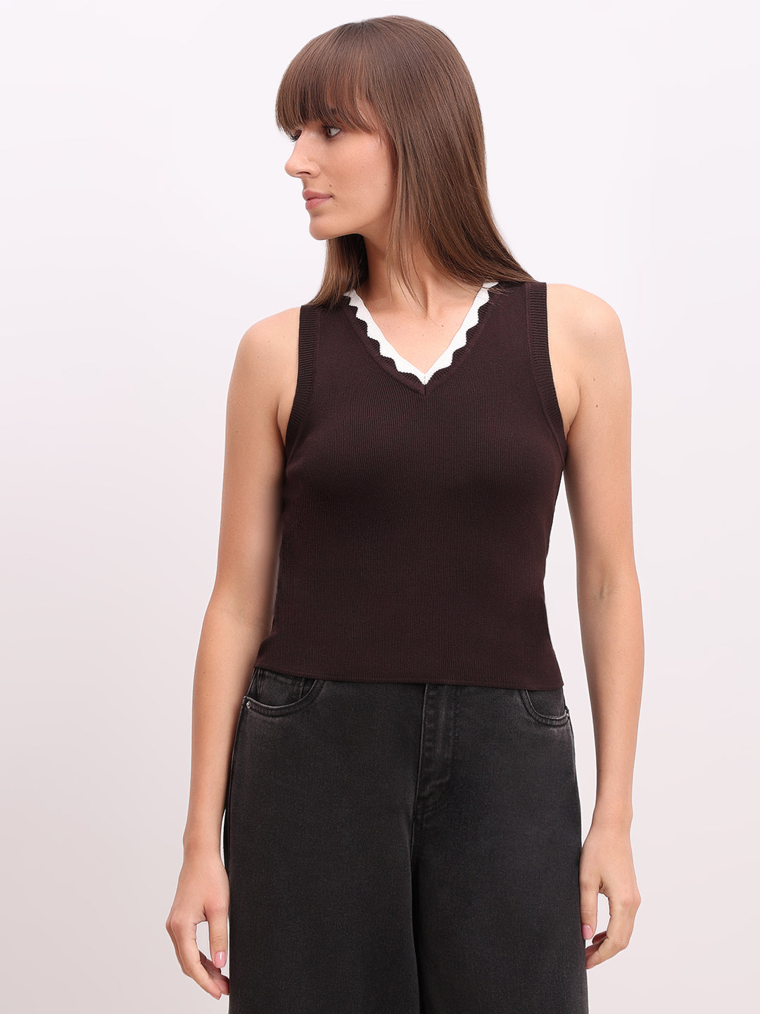 Dark Brown V-Neck Top