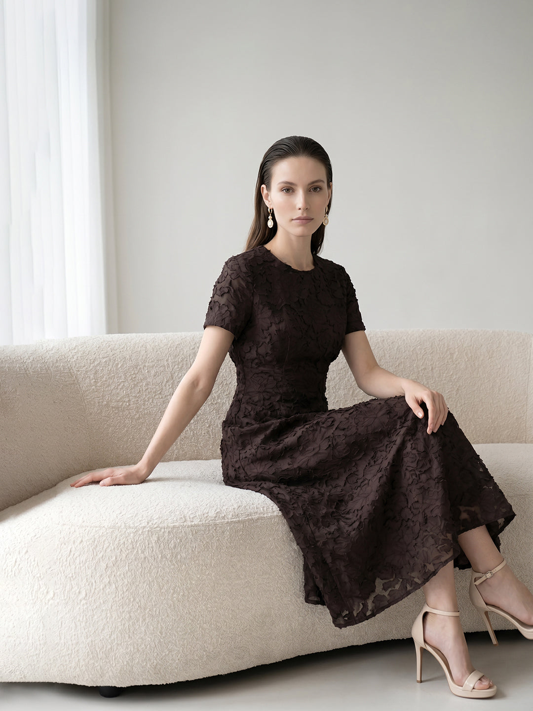 Dark Brown Floral Textured Dress