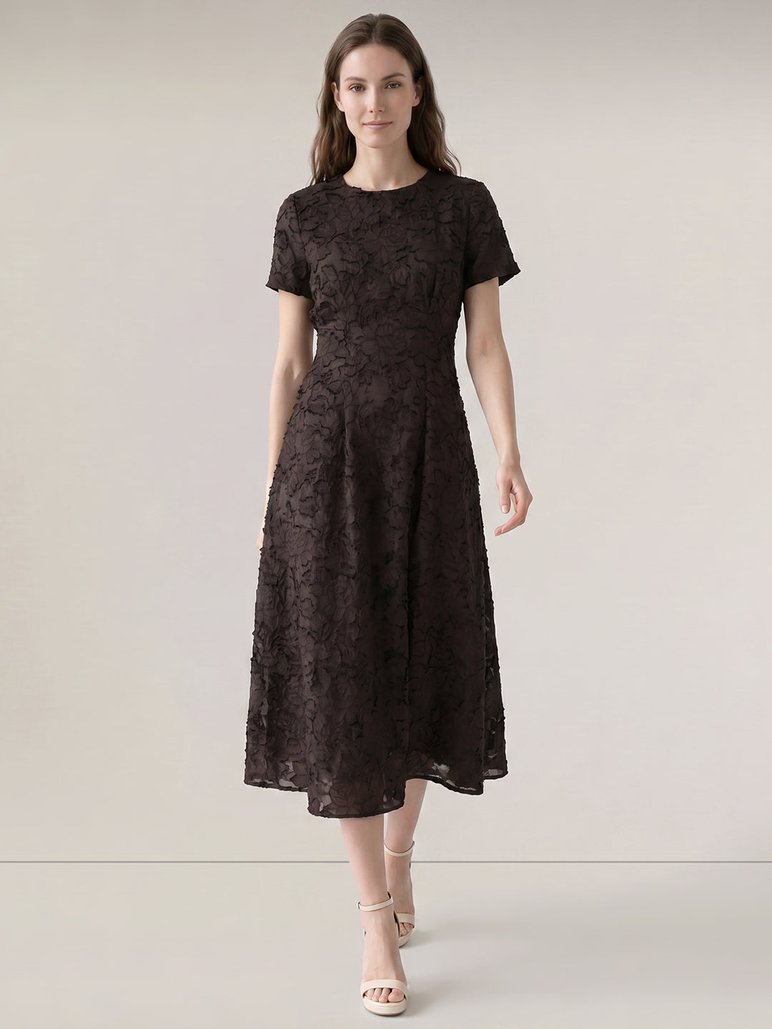Dark Brown Floral Textured Dress