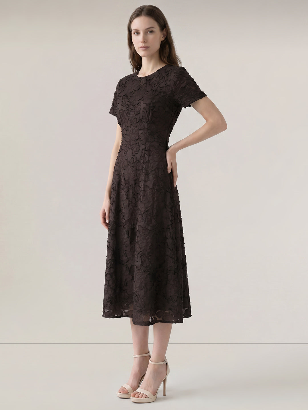 Dark Brown Floral Textured Dress