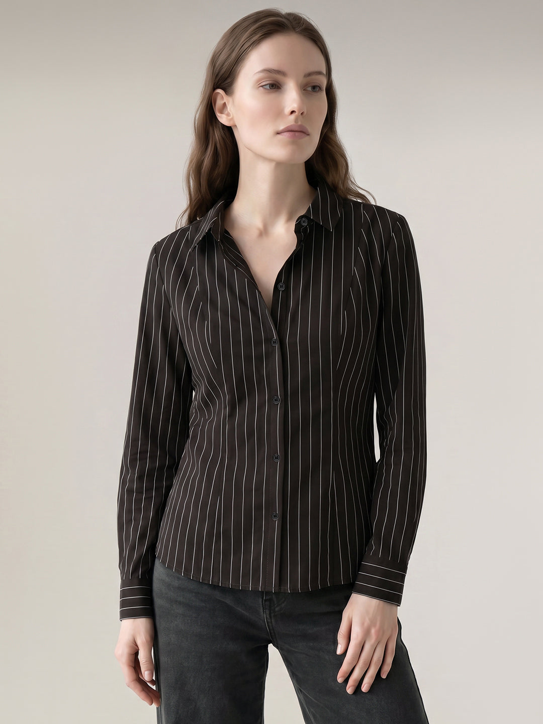 Dark Brown Fitted Striped Shirt
