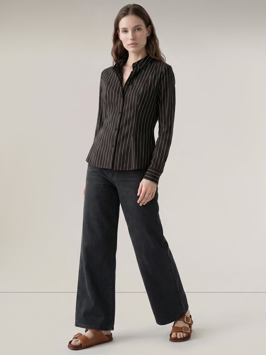 Dark Brown Fitted Striped Shirt