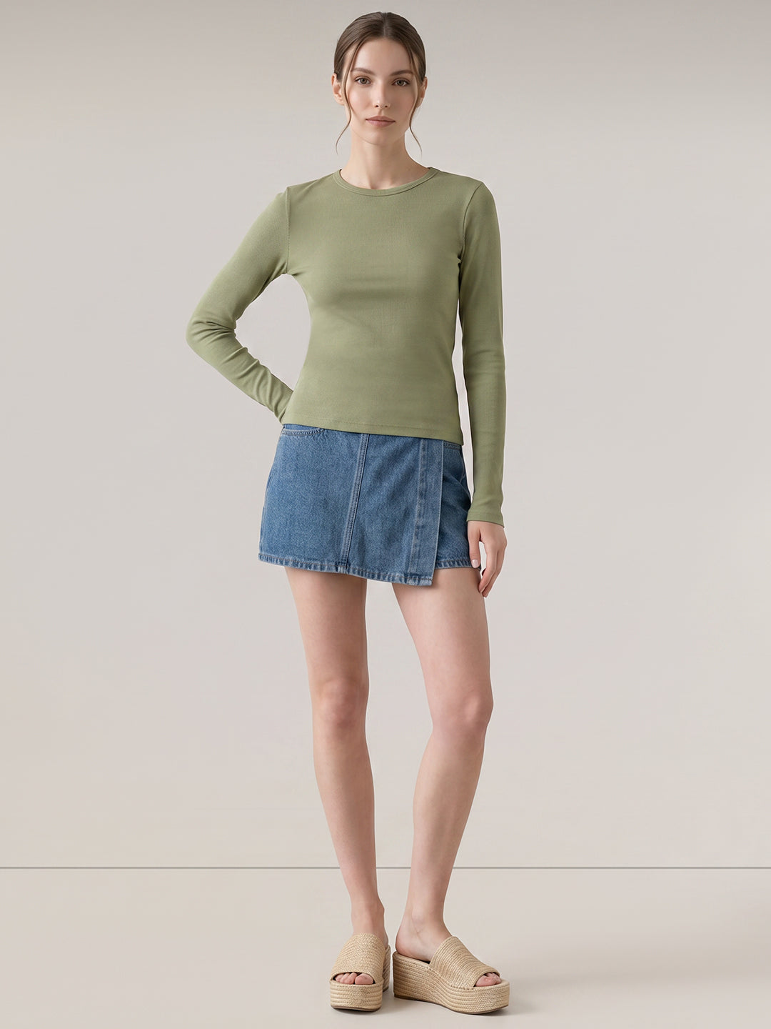 Green Ribbed Full Sleeve Top