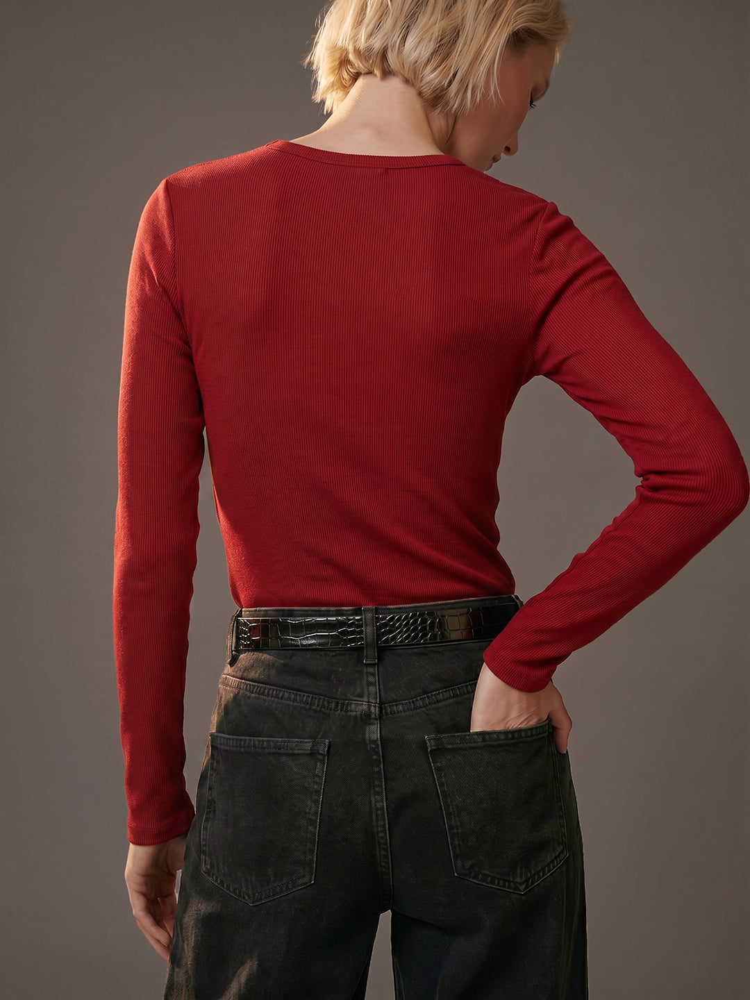 Red Ribbed Full Sleeve Top